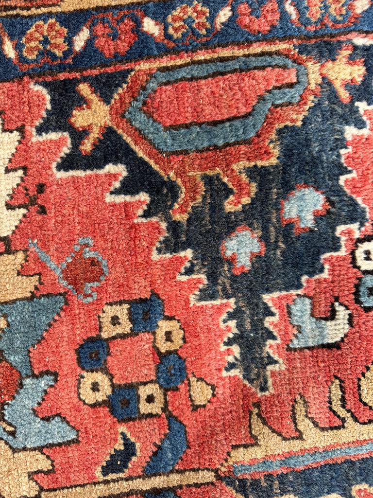 WORLD CLASS Mint Condition Antique Heriz Village Carpet | Rare Camel Border with Coral Ground in Naive Harshang Design with Sickle Leaf Motif | 9.4 x 11.4