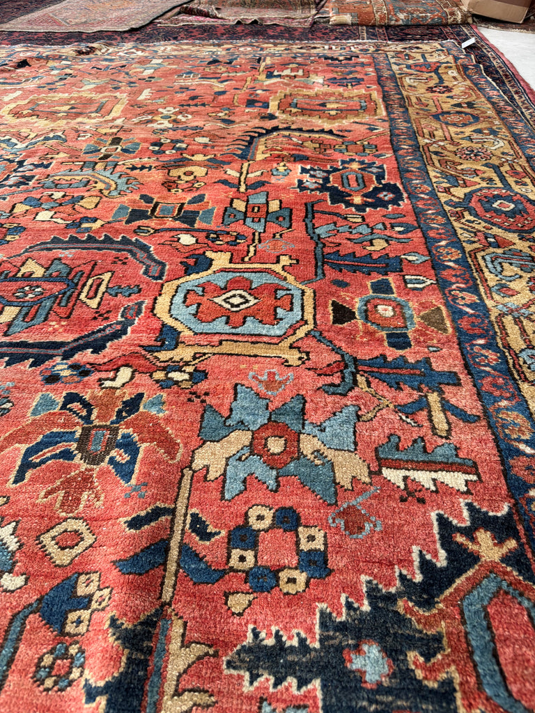 WORLD CLASS Mint Condition Antique Heriz Village Carpet | Rare Camel Border with Coral Ground in Naive Harshang Design with Sickle Leaf Motif | 9.4 x 11.4