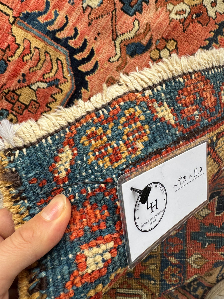 WORLD CLASS Mint Condition Antique Heriz Village Carpet | Rare Camel Border with Coral Ground in Naive Harshang Design with Sickle Leaf Motif | 9.4 x 11.4