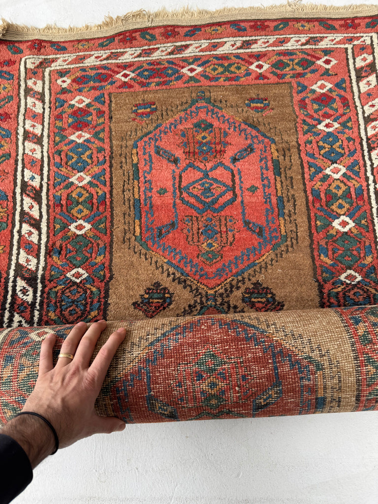 RAW Nomadic Antique Camel Hair Runnr with Coral Pinks, Watermelon, Rust | 3.2 x 9.5