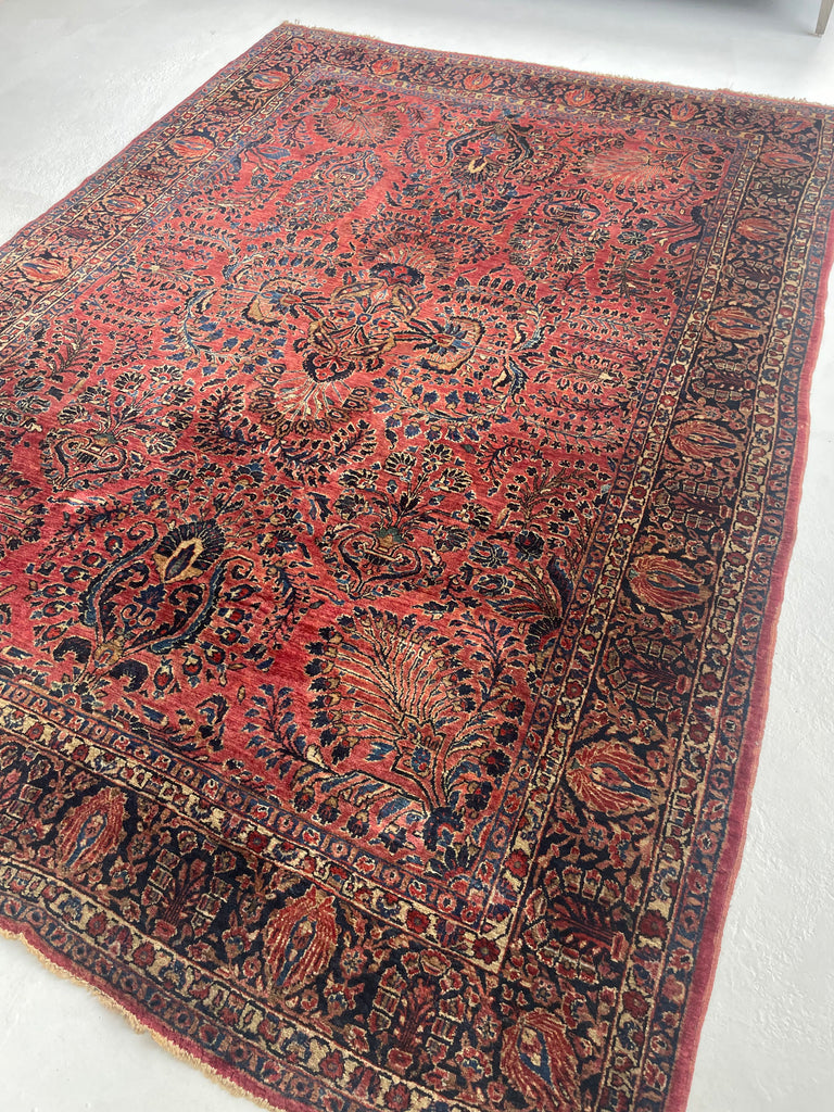 MAGNIFICENT Antique Blooming Sarouk in Lovely Coral, Berry, Blush | RARE SIZE: 6.2 x 9.1