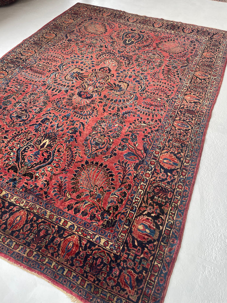 MAGNIFICENT Antique Blooming Sarouk in Lovely Coral, Berry, Blush | RARE SIZE: 6.2 x 9.1