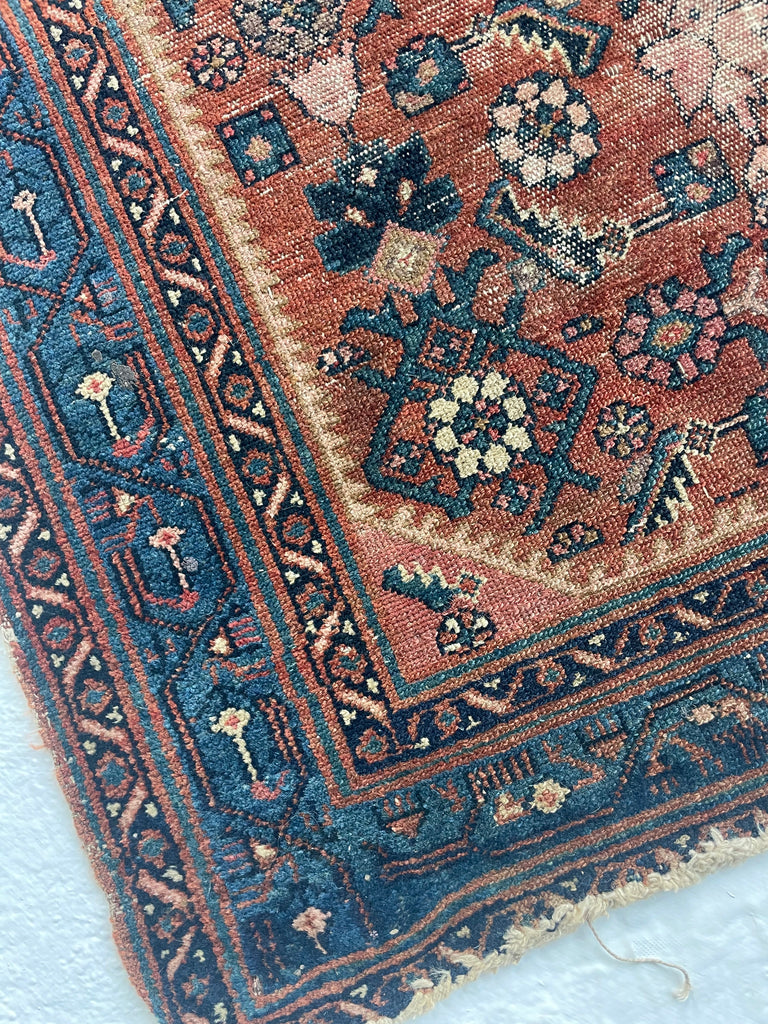 SOLD | FINE and Worn Antitque Tribal Senneh Mat | Mature Reds and Lovely Blues | 2.10 x 3.11