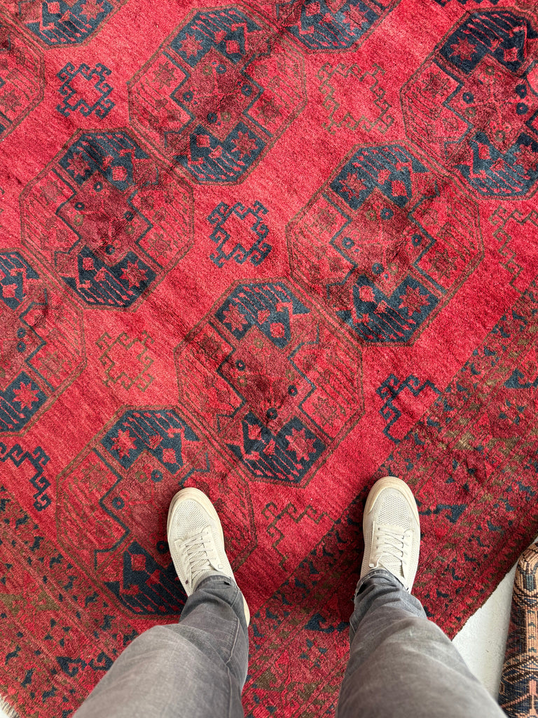Coming Soon...PLUSH Vintage Tribal Carpet | Bold Elephant Foot Pattern in Rich Reds & Watermelon Abrash | 7.2 x 9