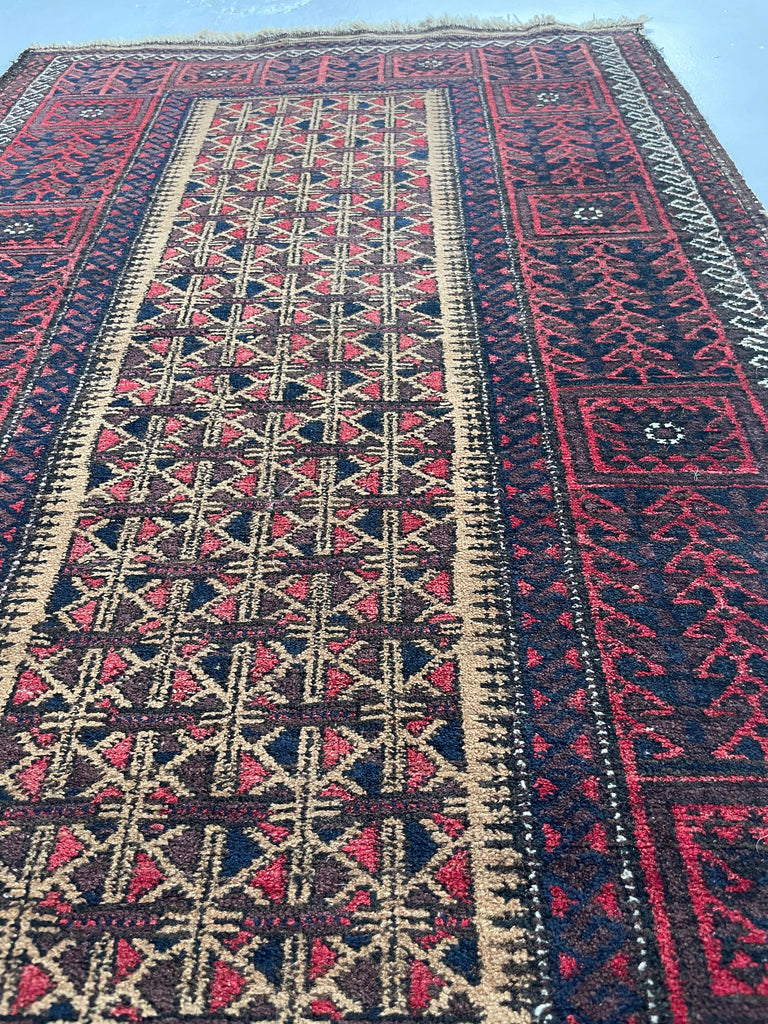 Long Vintage Tribal Afghan Baluchi | Deep Hues and Clean Aesthetic | 3 x 5.4