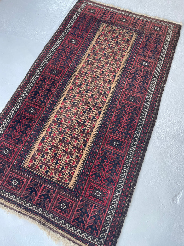 Long Vintage Tribal Afghan Baluchi | Deep Hues and Clean Aesthetic | 3 x 5.4