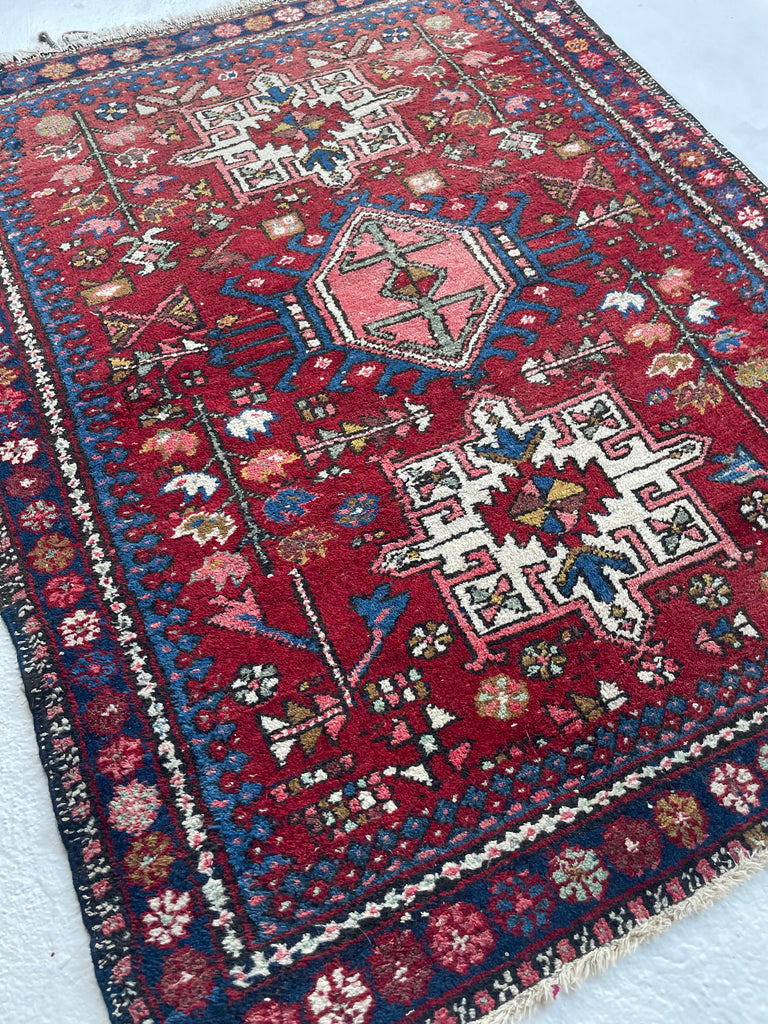 SQUARISH Vintage Persian Tribal Karaja | 2 Toned Reds | 3.6 x 4.6
