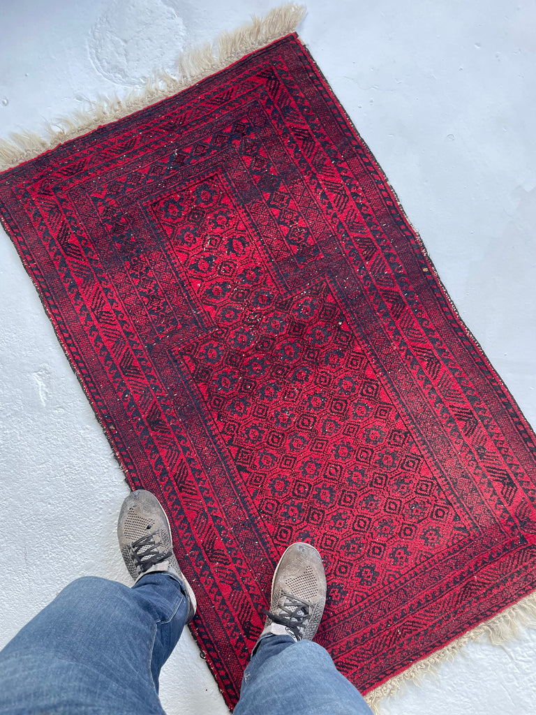 SOLD | Rich Deep Red Vintage Prayer Rug | Afghan Tribal Rug | 2.6 x 4.8