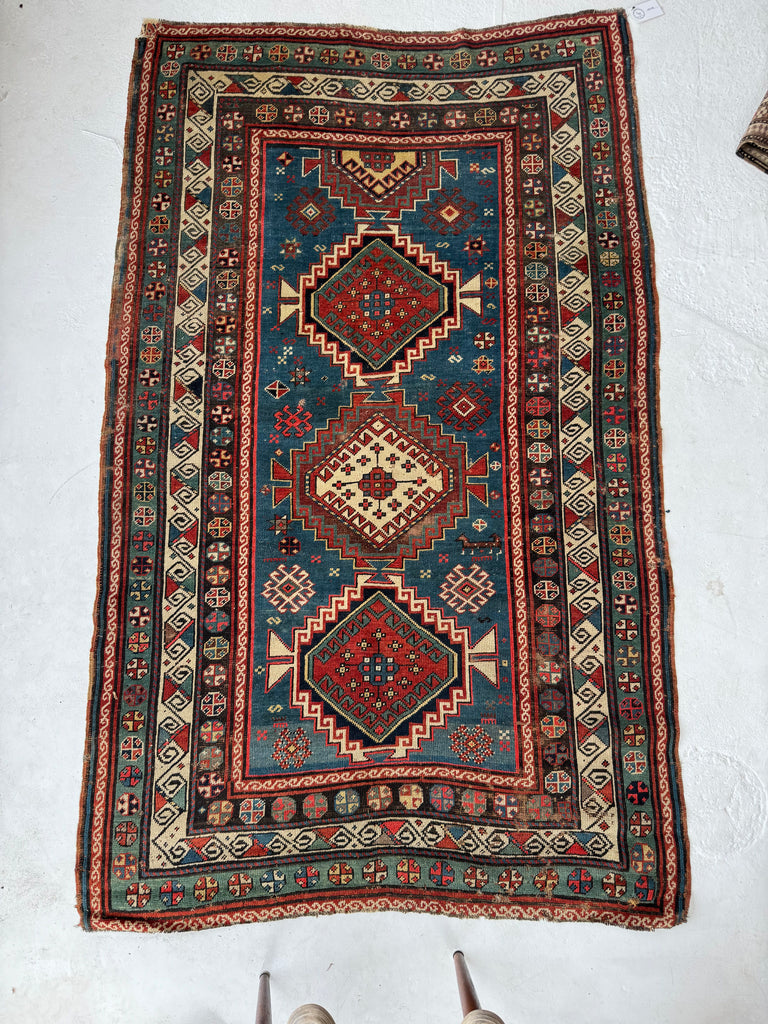 10/10 DAZZLING Century Old Antique Kazak in Ocean Blue | Amazing Greens in HYPNOTIC border | 4.8 x 7.8