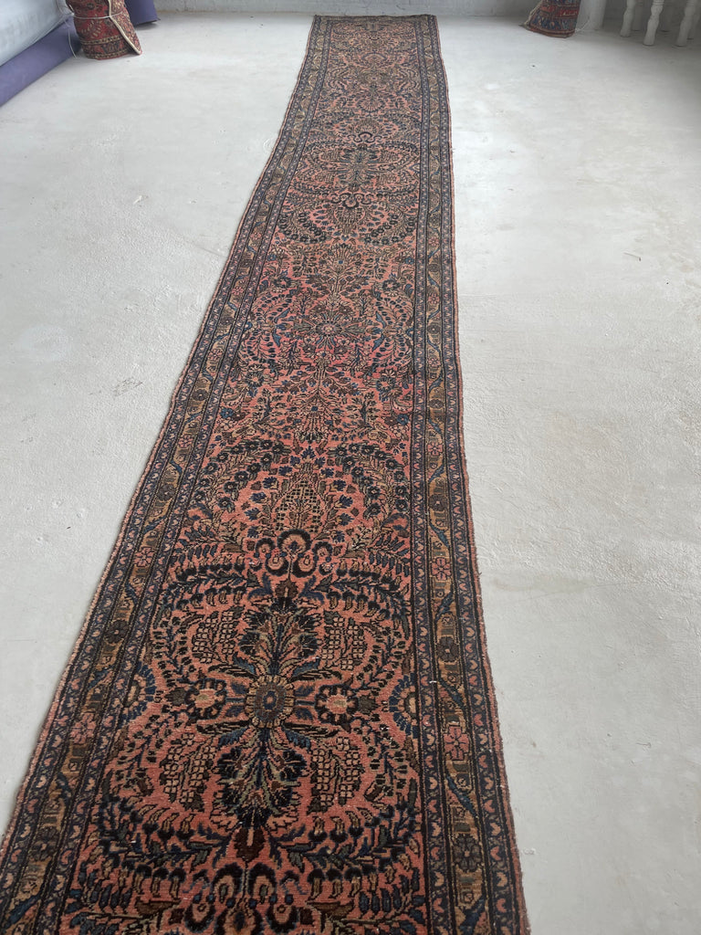 24 FEET LONG!! Perfect for GRAND STAIRWAY / STAIRCASE or BALLROOM HALLWAY Vintage Sarouk Runner | Coral, Salmon, Moss/Sage Green, Blues, Mocha | 2.9 x 24.2