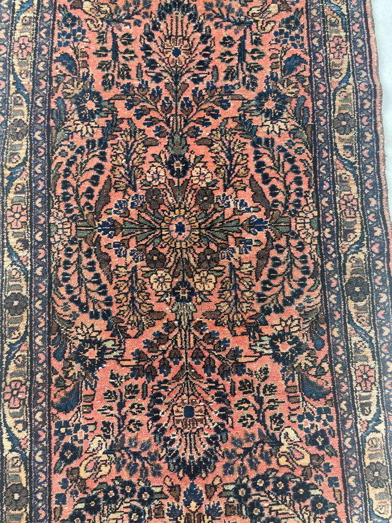 24 FEET LONG!! Perfect for GRAND STAIRWAY / STAIRCASE or BALLROOM HALLWAY Vintage Sarouk Runner | Coral, Salmon, Moss/Sage Green, Blues, Mocha | 2.9 x 24.2