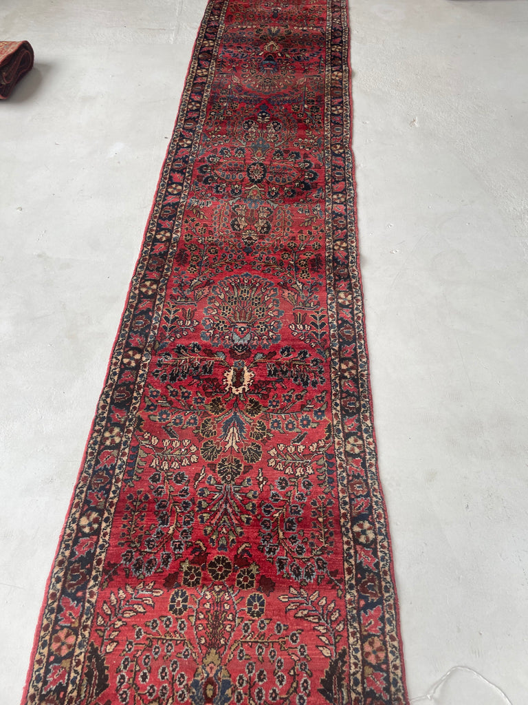 SOLD | 27 FEET LONG!! GRAND STAIRWAY / STAIRCASE or BALLROOM HALLWAY Antique Sarouk Runner | Strawberry, Moss/Sage Green, Blues | 2.8 x 27