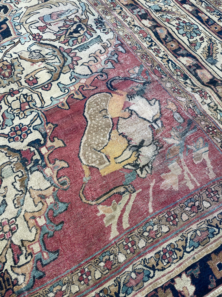 "HALAL" MUSUEM PIECE | 1880's Antique Persian Kerman Lavar | "LION VS BULL" Ancient SPRING EQUINOX Mythology | 9.2 x 12.5