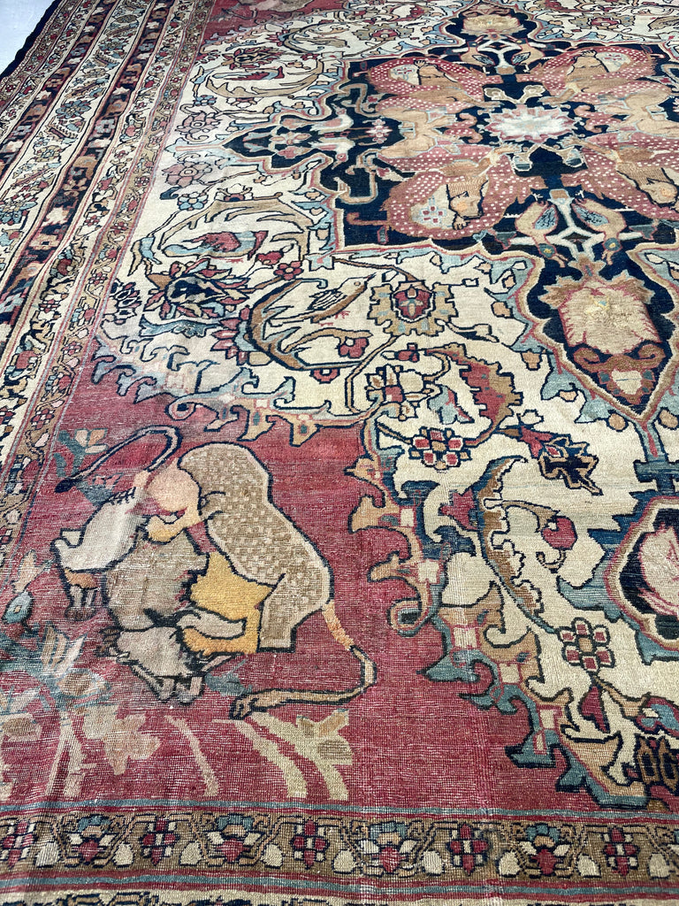 "HALAL" MUSUEM PIECE | 1880's Antique Persian Kerman Lavar | "LION VS BULL" Ancient SPRING EQUINOX Mythology | 9.2 x 12.5