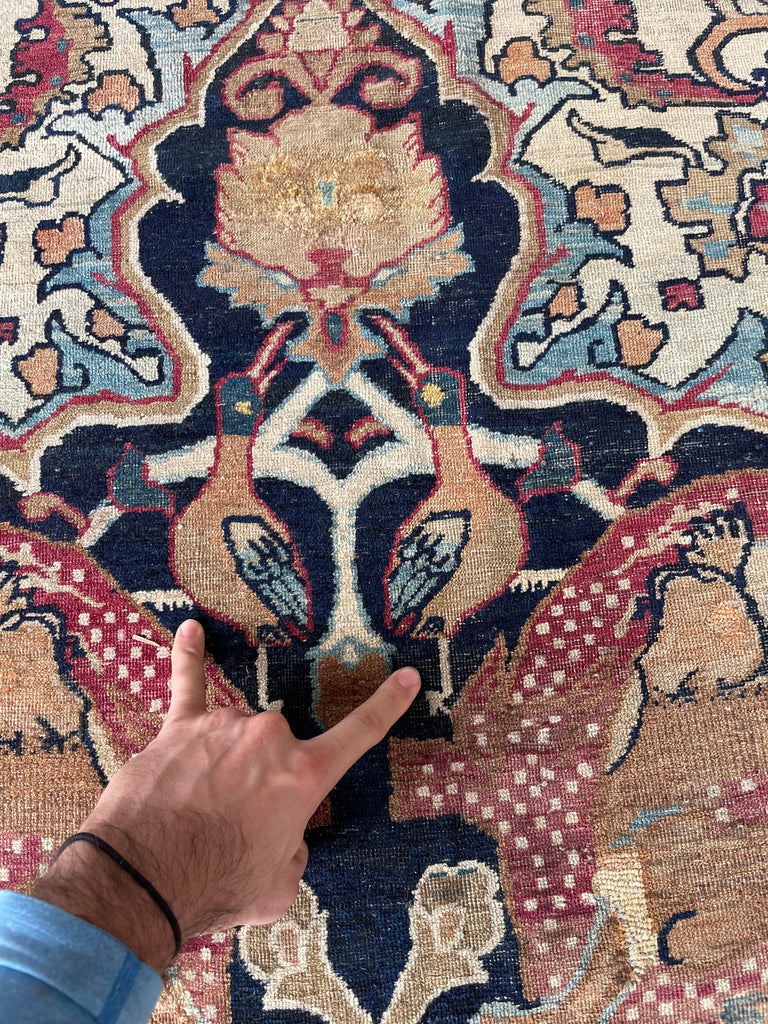 "HALAL" MUSUEM PIECE | 1880's Antique Persian Kerman Lavar | "LION VS BULL" Ancient SPRING EQUINOX Mythology | 9.2 x 12.5