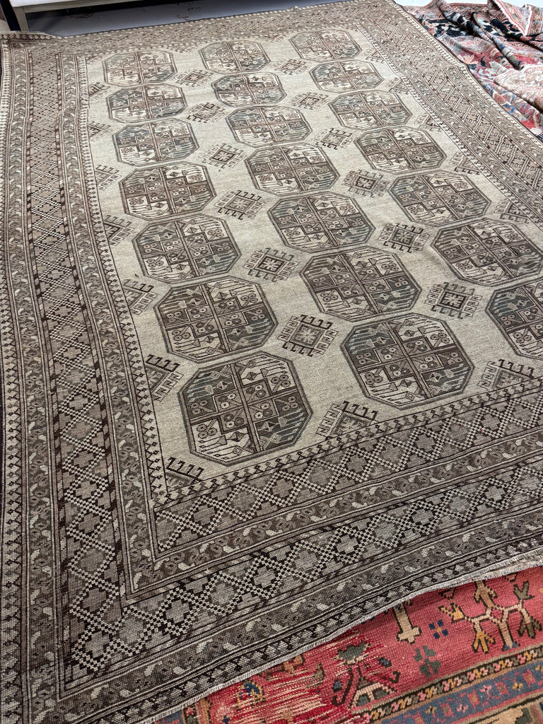 LOVELY Muted Cloud Grey, Taupe, and Steel Blue Vintage Ersari Elephant Track Rug | High-Quality Organic Wool | 8.4 x 11.6