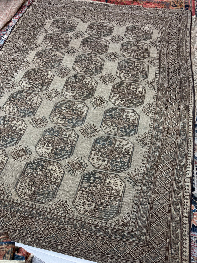 LOVELY Muted Cloud Grey, Taupe, and Steel Blue Vintage Ersari Elephant Track Rug | High-Quality Organic Wool | 8.4 x 11.6