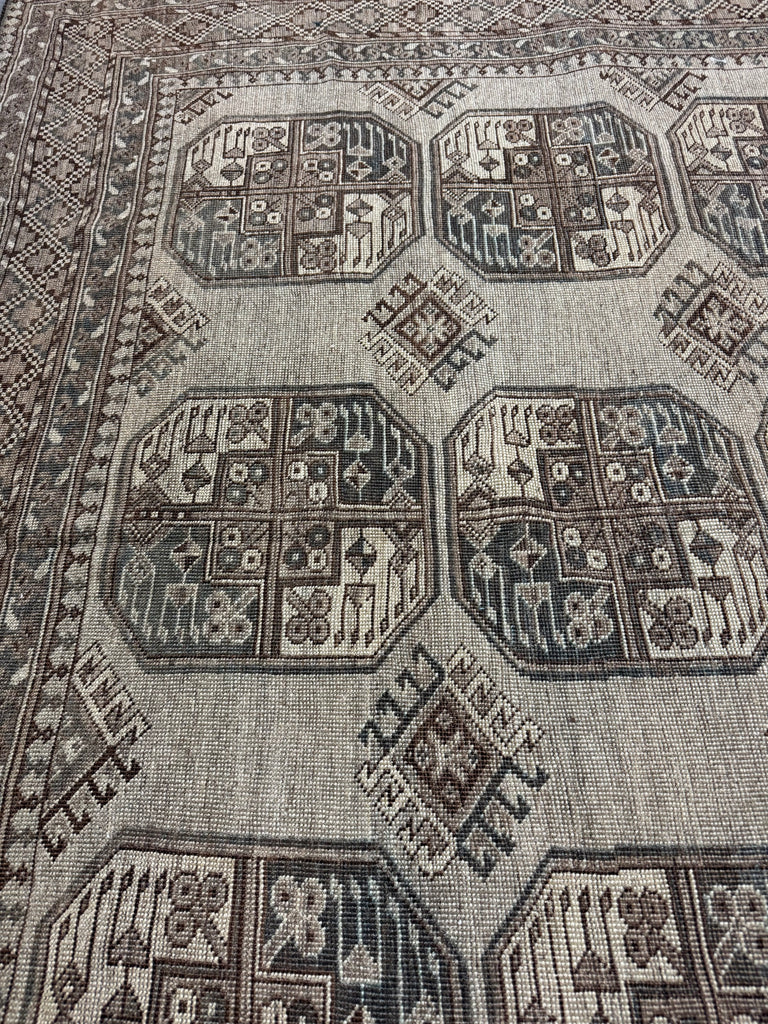 LOVELY Muted Cloud Grey, Taupe, and Steel Blue Vintage Ersari Elephant Track Rug | High-Quality Organic Wool | 8.4 x 11.6