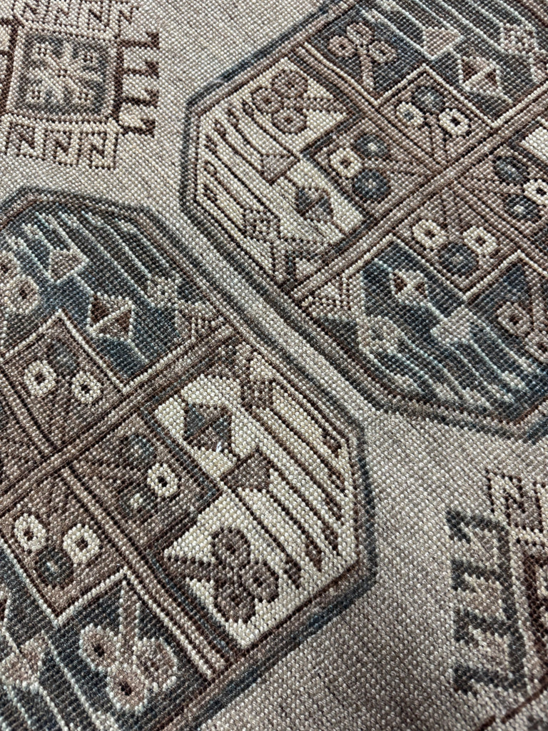 LOVELY Muted Cloud Grey, Taupe, and Steel Blue Vintage Ersari Elephant Track Rug | High-Quality Organic Wool | 8.4 x 11.6