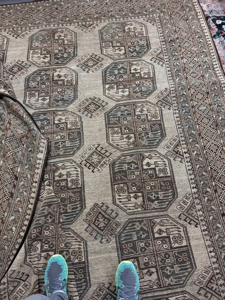LOVELY Muted Cloud Grey, Taupe, and Steel Blue Vintage Ersari Elephant Track Rug | High-Quality Organic Wool | 8.4 x 11.6