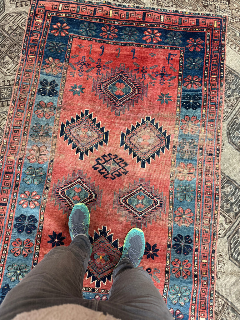 SHOW-STOPPING Antique Caucasian Kazak | Rusty Watermelon, Glacier Blue, Aubergine, Honey | Dated C. 1939 | 4.2 x 6.6