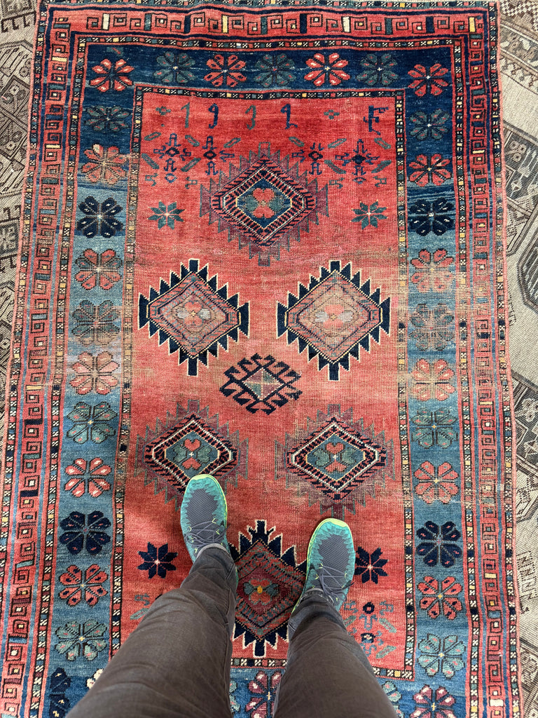 SHOW-STOPPING Antique Caucasian Kazak | Rusty Watermelon, Glacier Blue, Aubergine, Honey | Dated C. 1939 | 4.2 x 6.6
