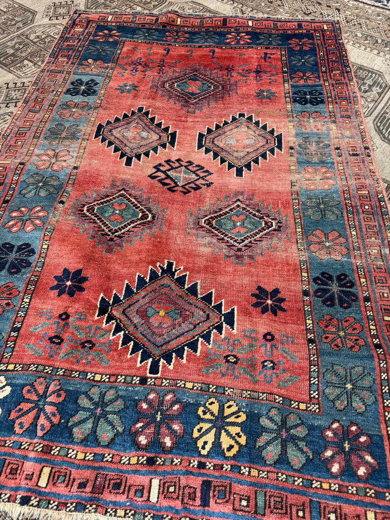 SHOW-STOPPING Antique Caucasian Kazak | Rusty Watermelon, Glacier Blue, Aubergine, Honey | Dated C. 1939 | 4.2 x 6.6