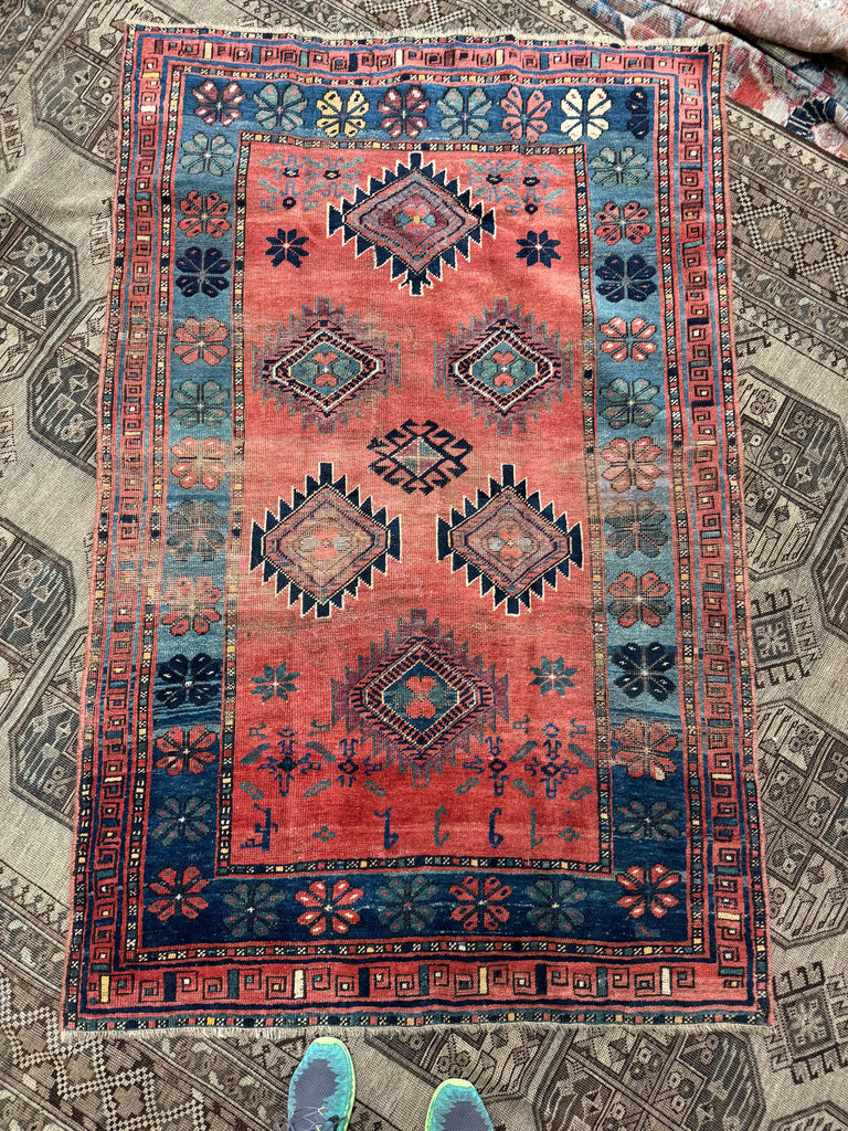 SHOW-STOPPING Antique Caucasian Kazak | Rusty Watermelon, Glacier Blue, Aubergine, Honey | Dated C. 1939 | 4.2 x 6.6