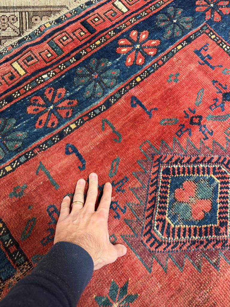 SHOW-STOPPING Antique Caucasian Kazak | Rusty Watermelon, Glacier Blue, Aubergine, Honey | Dated C. 1939 | 4.2 x 6.6