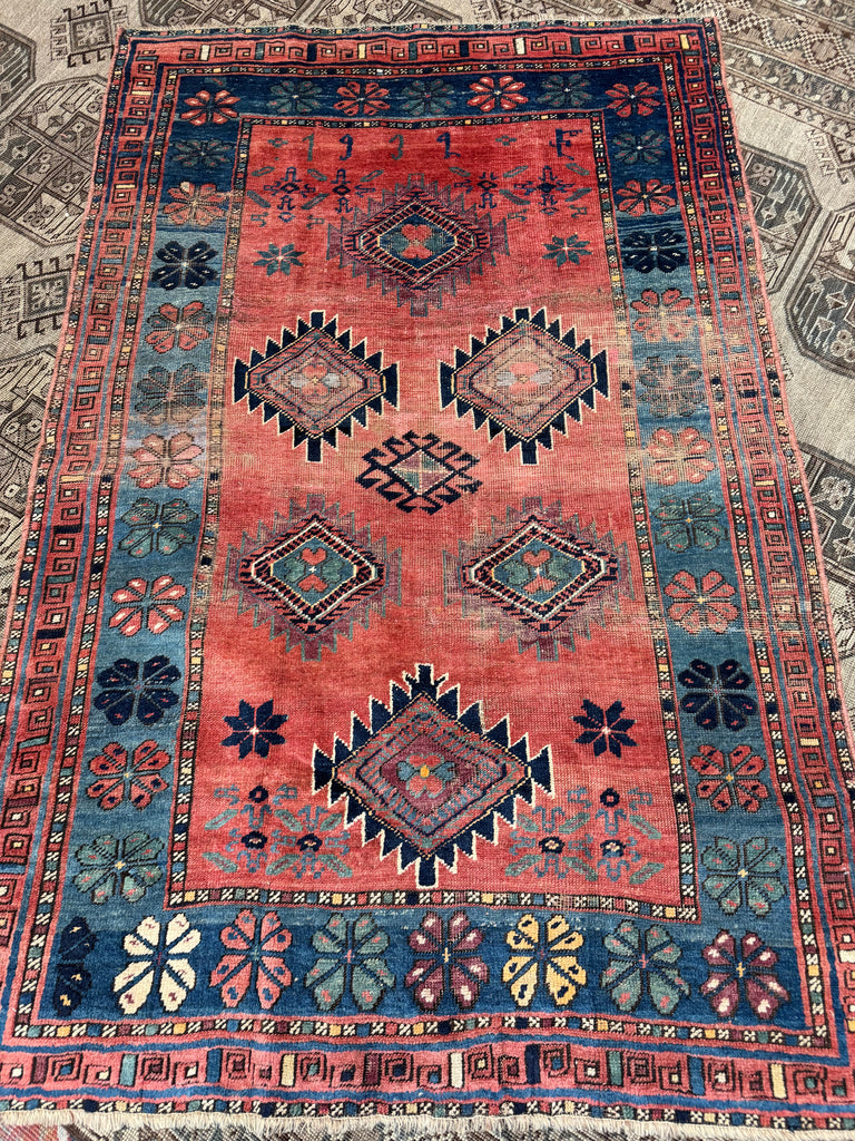 SHOW-STOPPING Antique Caucasian Kazak | Rusty Watermelon, Glacier Blue, Aubergine, Honey | Dated C. 1939 | 4.2 x 6.6