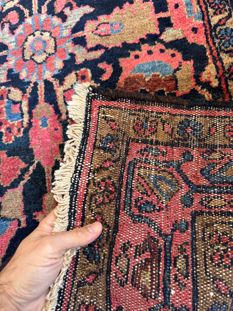 BOTANICAL Arabesque Vines Dancing Around | Antique Sarouk with Navy, Pink, Camel | 3.5 x 6.2