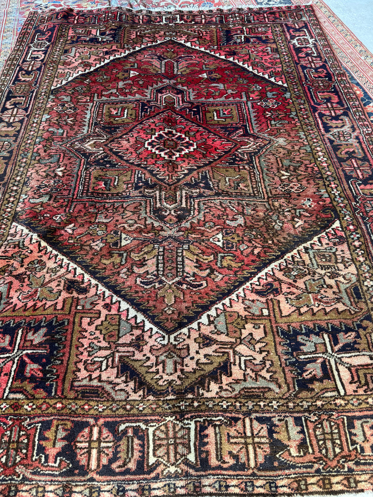 SUN-KISSED Vintage Heriz Rug | Almond, Coral, Rust, Olive, Watermelon, Slate | 7.9 x 10.8