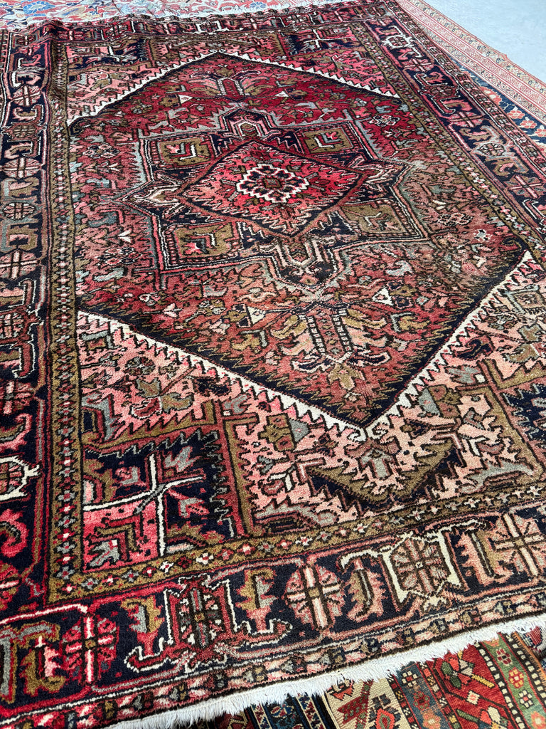 SUN-KISSED Vintage Heriz Rug | Almond, Coral, Rust, Olive, Watermelon, Slate | 7.9 x 10.8