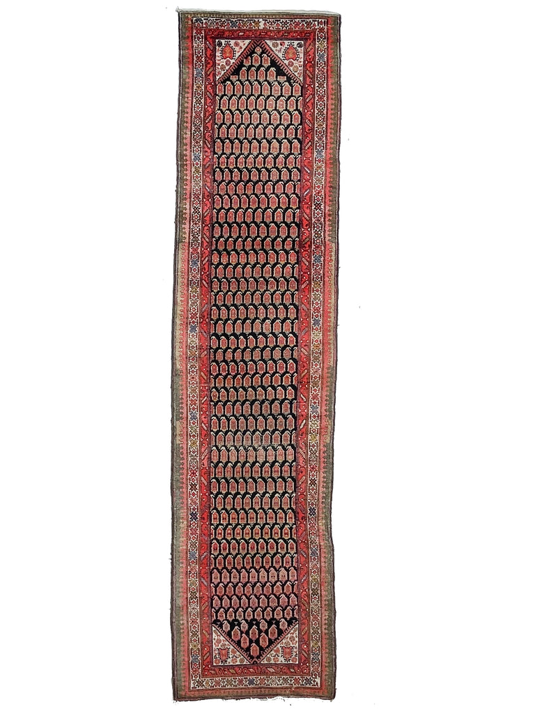 JAW-DROPPING Antique Runner Persian Malayer | Earthy Olive, Crocodile, Pear, & Moss GREEN, Charcoal, Tangerine | 3.7 x 14.9