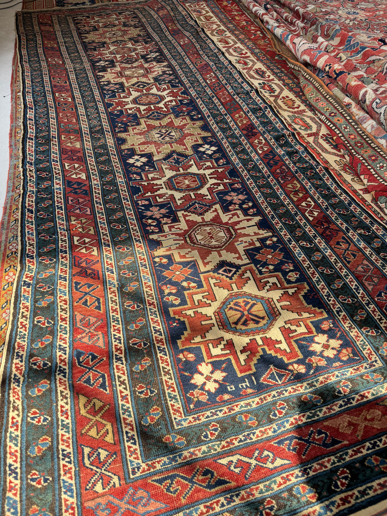 ANCIENT Leshgi Star Design | Navy Shirvan/Kuba Caucasian Runner | 3.9 x 10.9