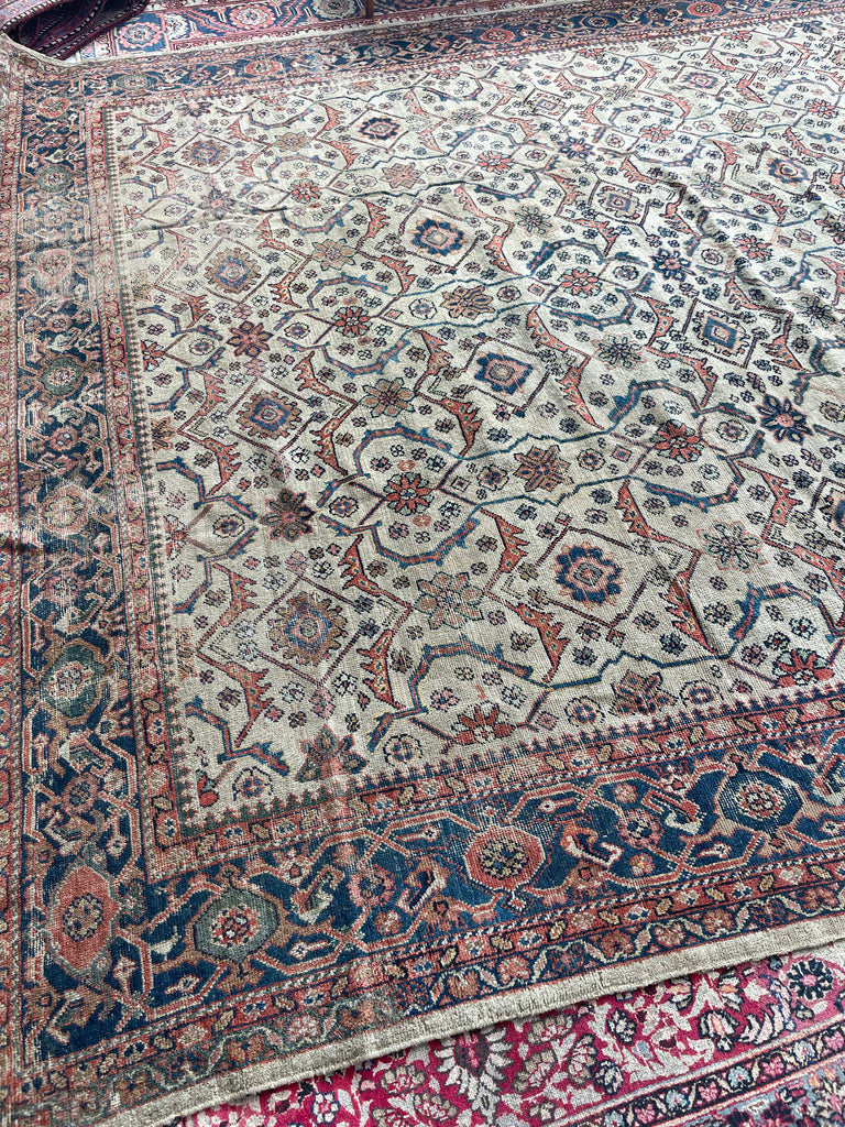 SOLD | MUTED BEAUTY Antique Persian Mahal | Terracotta, Green, Dirty Linen-Taupe, Walnut, Blue | 10 x 13