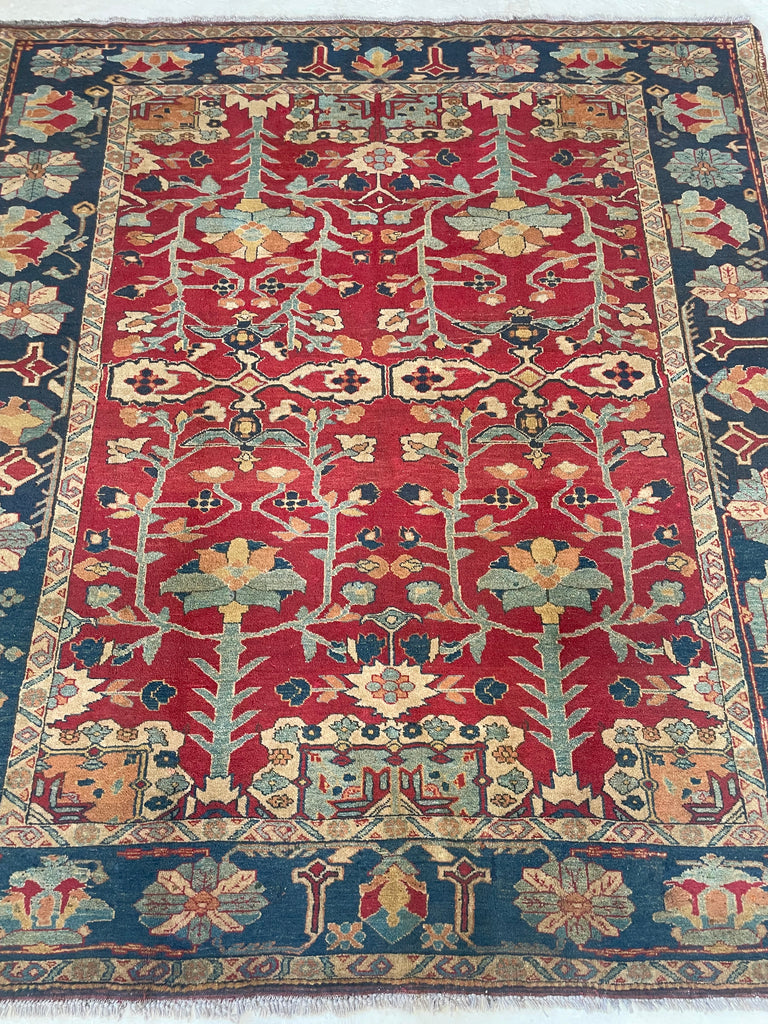 Larger SQUARE-ish Vintage Tribal Rug | Unusual Growing Trees in Piercing Moody Red & Slate Blues | 6.6 x 7.4