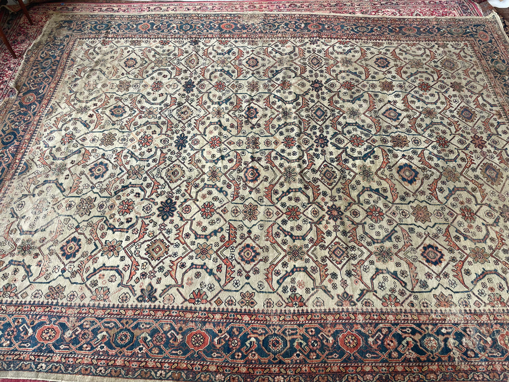 SOLD | MUTED BEAUTY Antique Persian Mahal | Terracotta, Green, Dirty Linen-Taupe, Walnut, Blue | 10 x 13