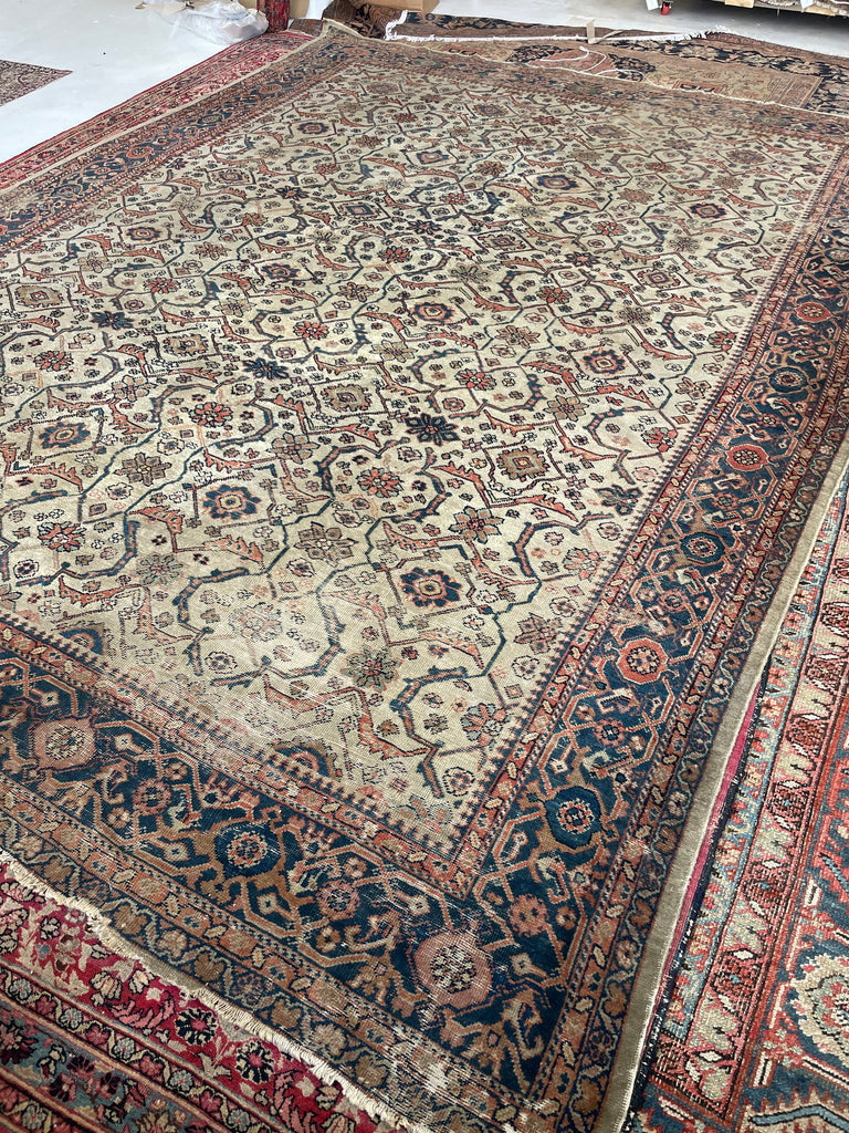 SOLD | MUTED BEAUTY Antique Persian Mahal | Terracotta, Green, Dirty Linen-Taupe, Walnut, Blue | 10 x 13