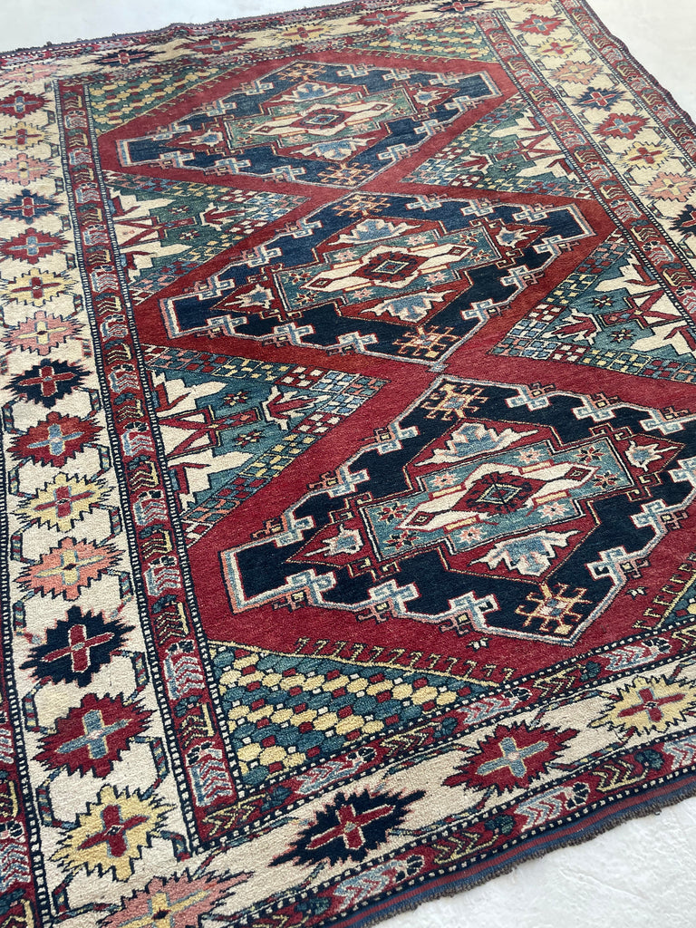 Unique SQUARE-ish Vintage Tribal Rug | Iconic Kazak Medallions with Lovely Greens & Yellows | ~ 6 x 6.9