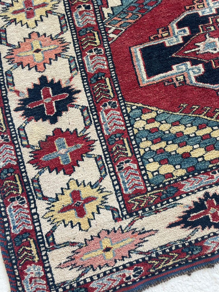 Unique SQUARE-ish Vintage Tribal Rug | Iconic Kazak Medallions with Lovely Greens & Yellows | ~ 6 x 6.9