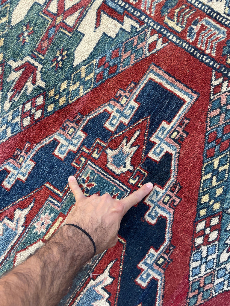 Unique SQUARE-ish Vintage Tribal Rug | Iconic Kazak Medallions with Lovely Greens & Yellows | ~ 6 x 6.9