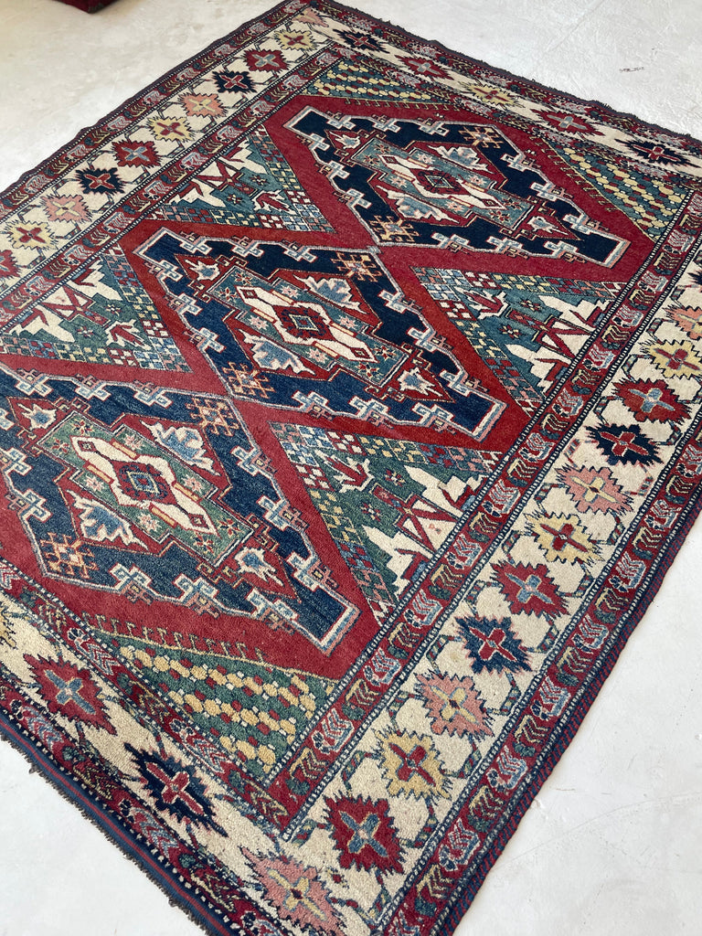 Unique SQUARE-ish Vintage Tribal Rug | Iconic Kazak Medallions with Lovely Greens & Yellows | ~ 6 x 6.9