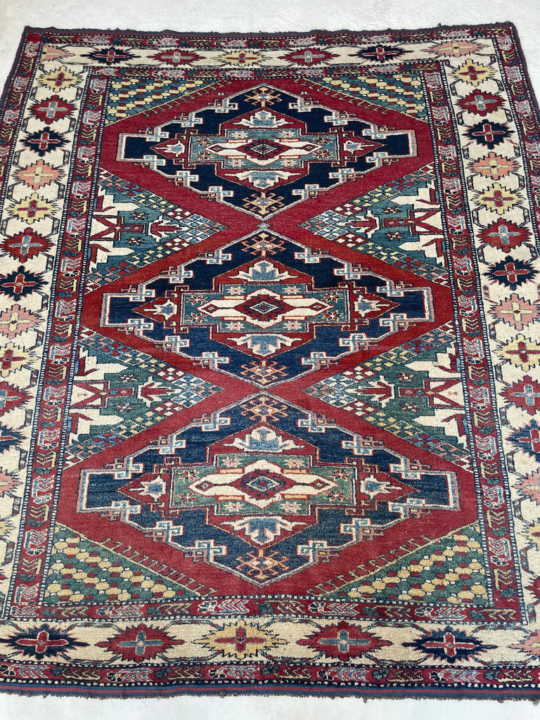 Unique SQUARE-ish Vintage Tribal Rug | Iconic Kazak Medallions with Lovely Greens & Yellows | ~ 6 x 6.9