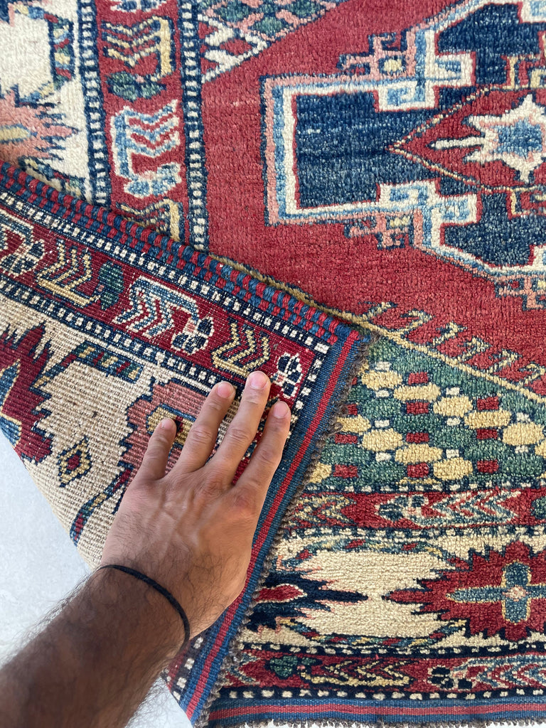 Unique SQUARE-ish Vintage Tribal Rug | Iconic Kazak Medallions with Lovely Greens & Yellows | ~ 6 x 6.9