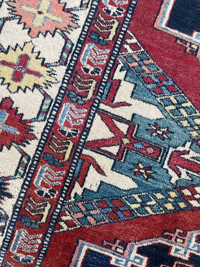 Unique SQUARE-ish Vintage Tribal Rug | Iconic Kazak Medallions with Lovely Greens & Yellows | ~ 6 x 6.9