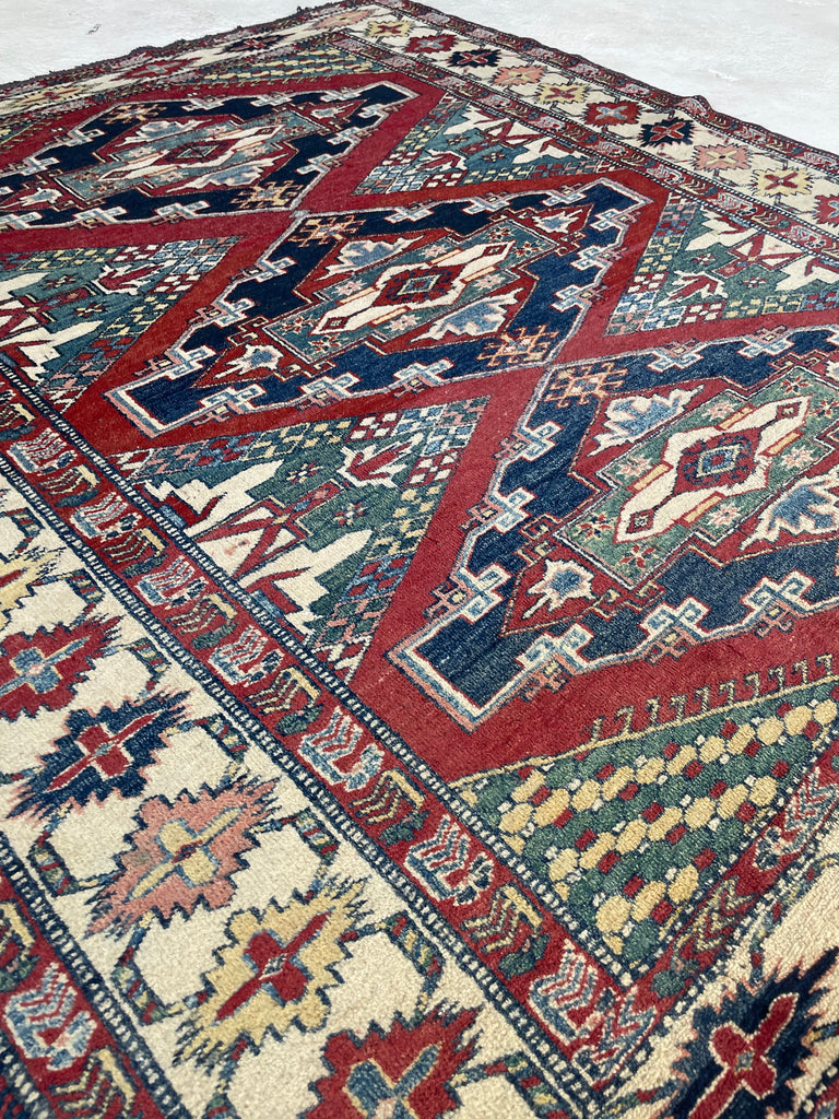 Unique SQUARE-ish Vintage Tribal Rug | Iconic Kazak Medallions with Lovely Greens & Yellows | ~ 6 x 6.9