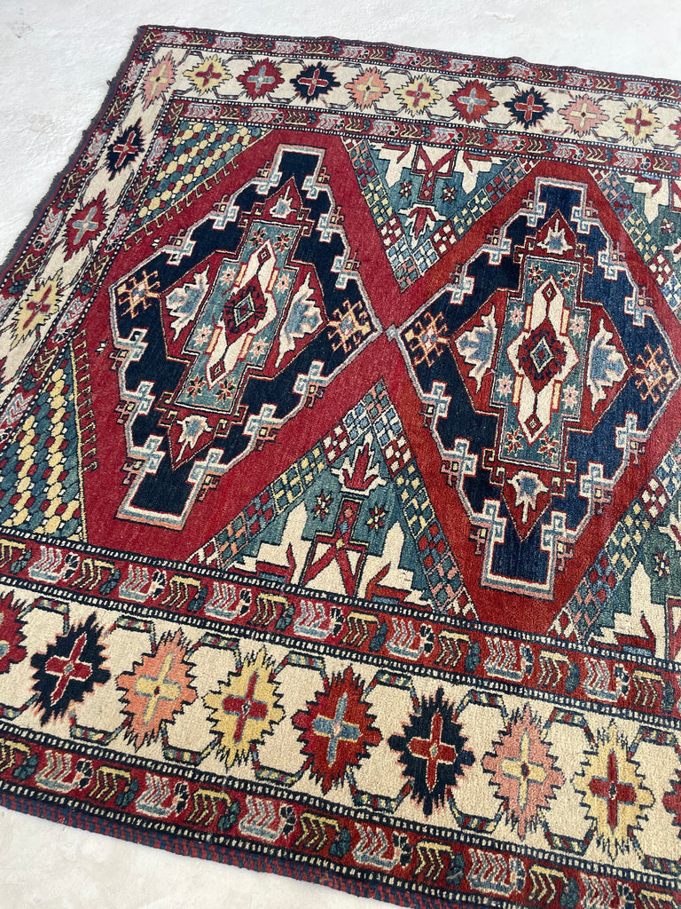 Unique SQUARE-ish Vintage Tribal Rug | Iconic Kazak Medallions with Lovely Greens & Yellows | ~ 6 x 6.9