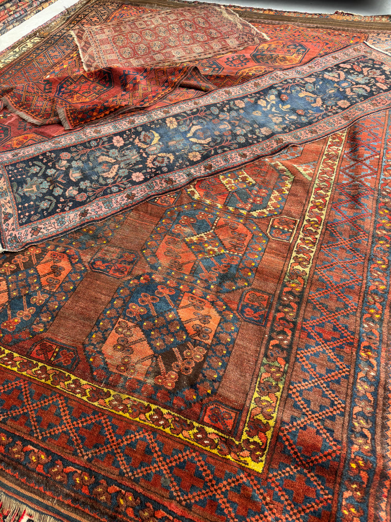 Coming Soon... OLD "Mother-Child" Nomadic Tribal Afghan Elephant Track Carpet | Saffron, Kiwi, Glacier Blue, Onyx | 9.3 x 12.3