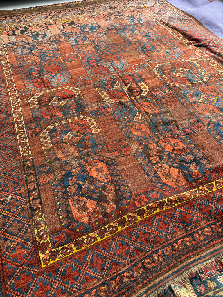 Coming Soon... OLD "Mother-Child" Nomadic Tribal Afghan Elephant Track Carpet | Saffron, Kiwi, Glacier Blue, Onyx | 9.3 x 12.3